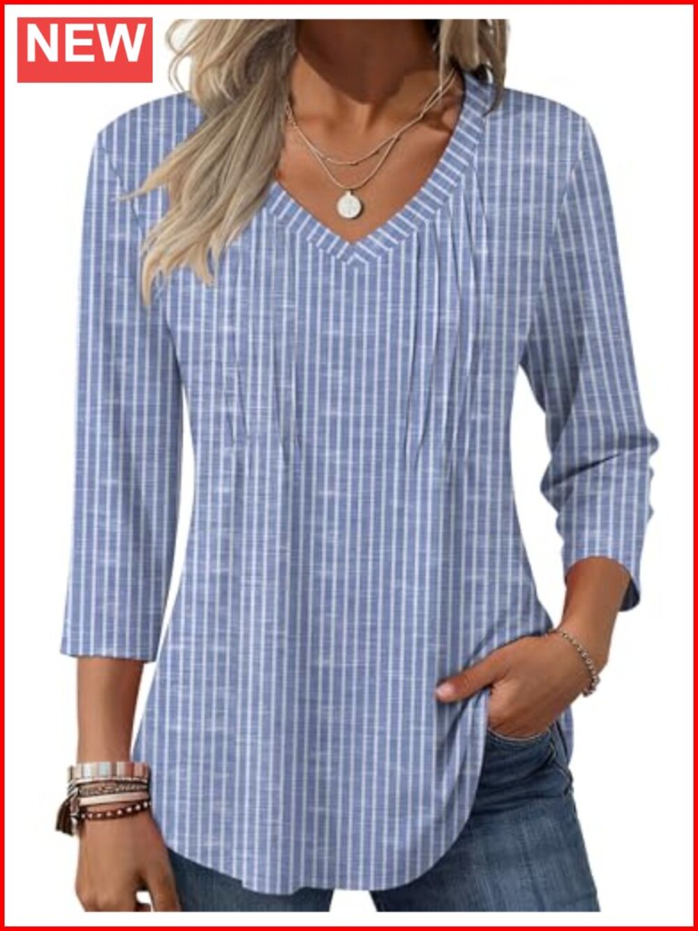Zeagoo Womens 3/4 Sleeve V Neck Pleated Boho Floral Blouse